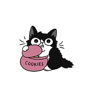 black and white cartoon cat with a paw in a pink cookie jar 