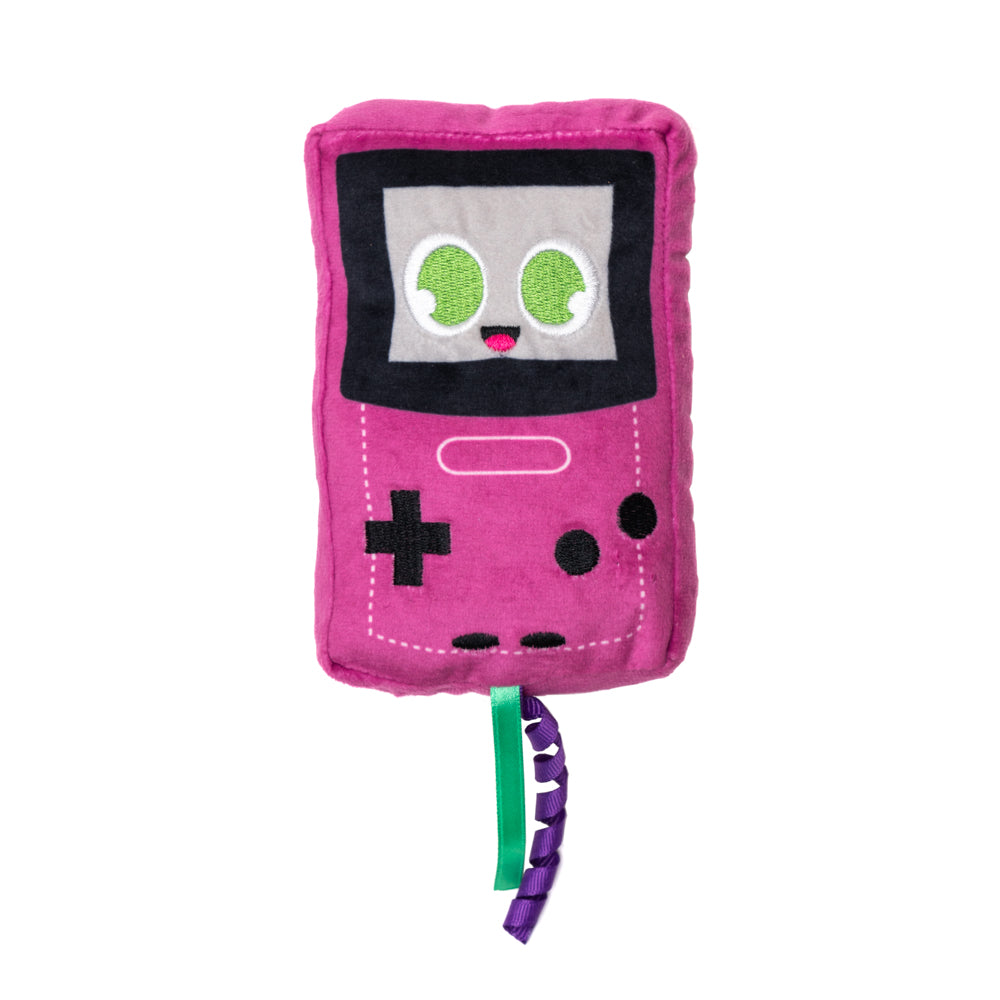 novelty cat toy in the shape of a 90's handheld video game device 