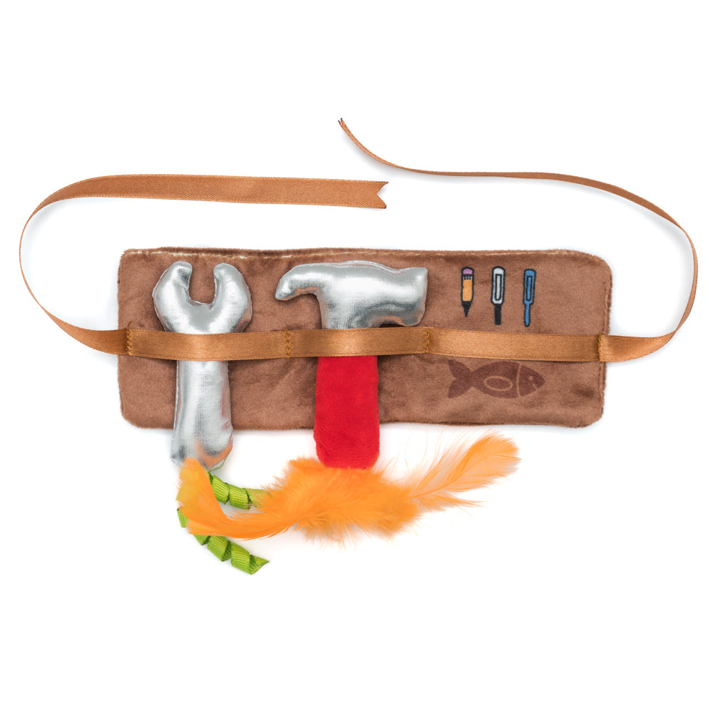 tool belt cat toy with removable hammer and wrench 
