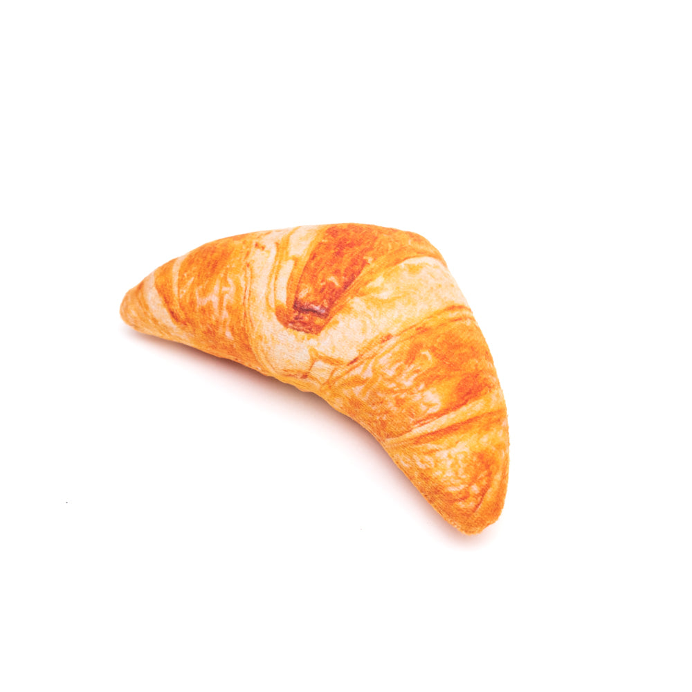 novelty plush cat toy in the shape of a croissant 