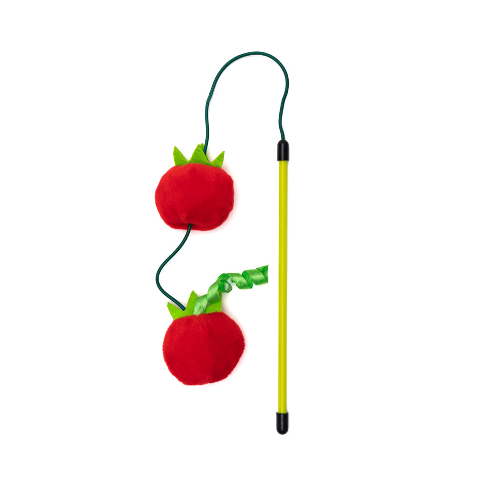 wand toy for cats with two plush tomatoes hanging from the handle 