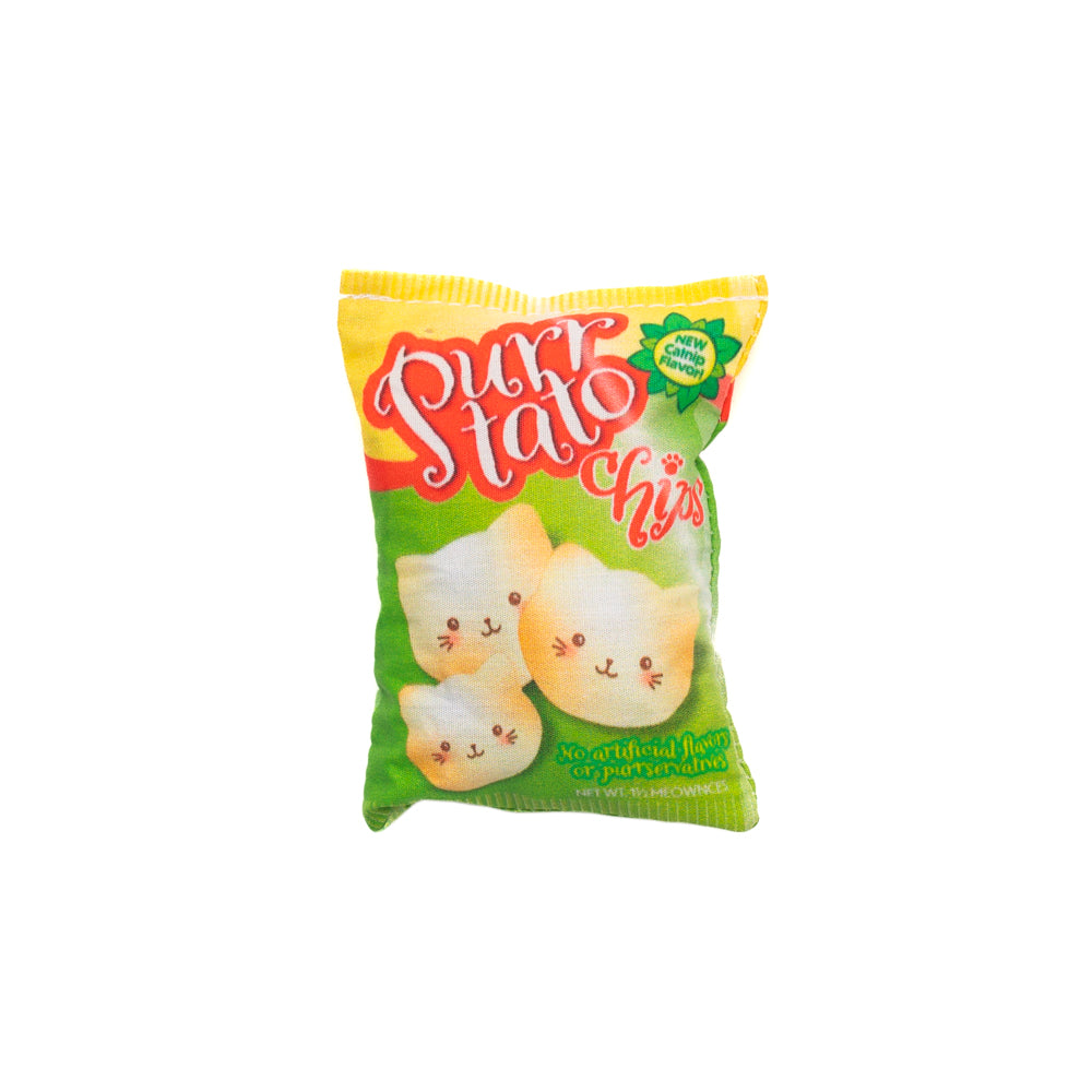 novelty plush cat toy in the shape of a small chip bag 