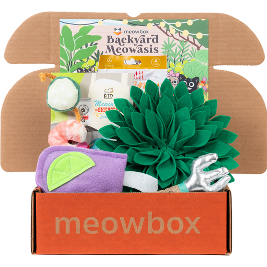 box filled with garden themed cat toys