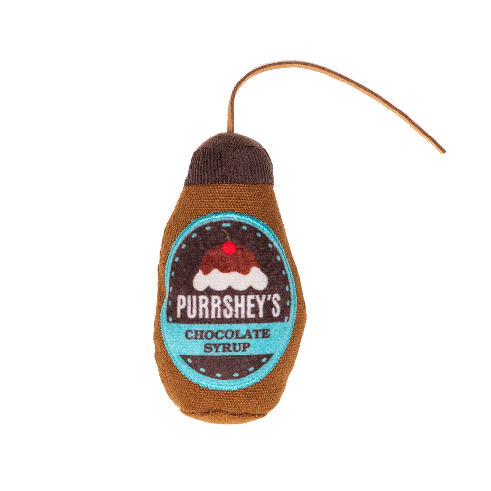 plush catnip toy in the shape of a chocolate syrup bottle 
