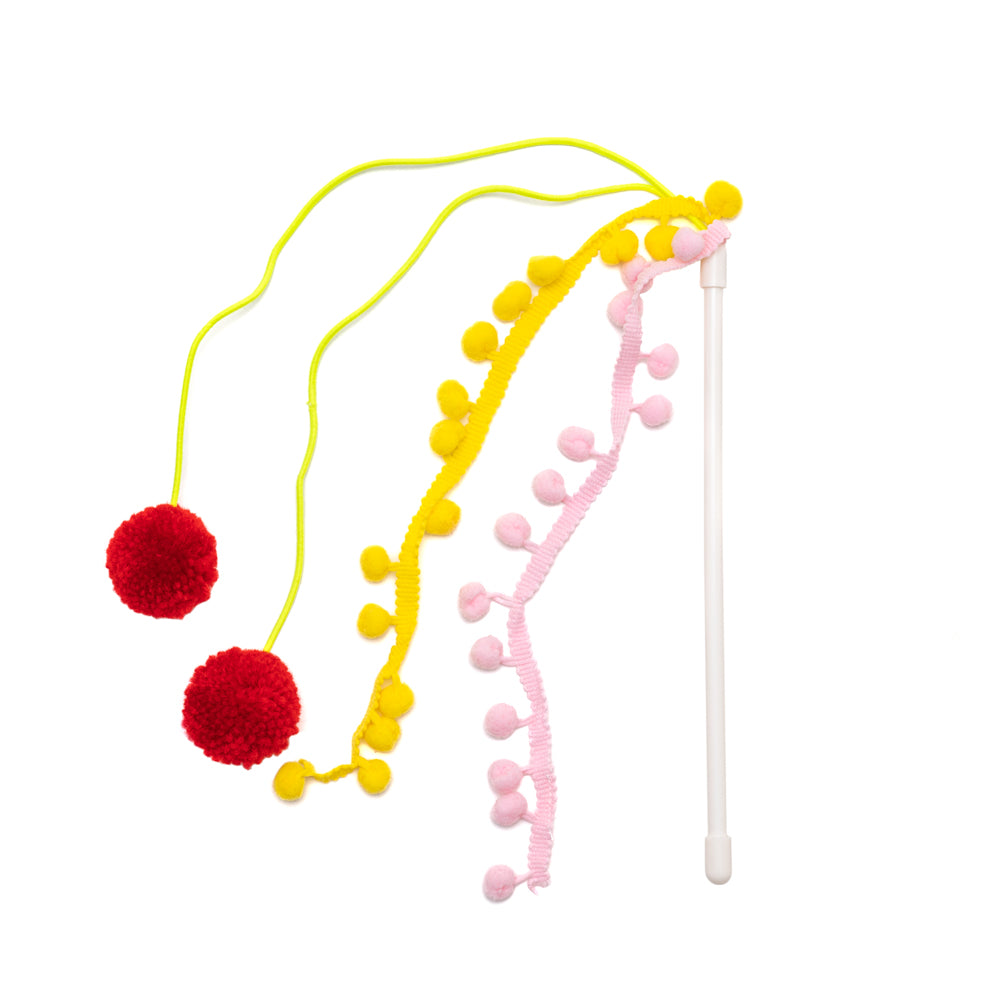 cat wand toy with various pompoms 