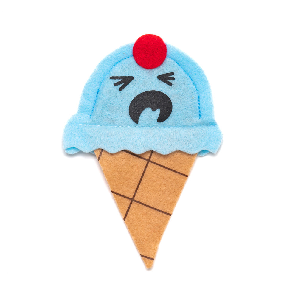 flat felt catnip cat top in the shape of ice cream with a screaming face 