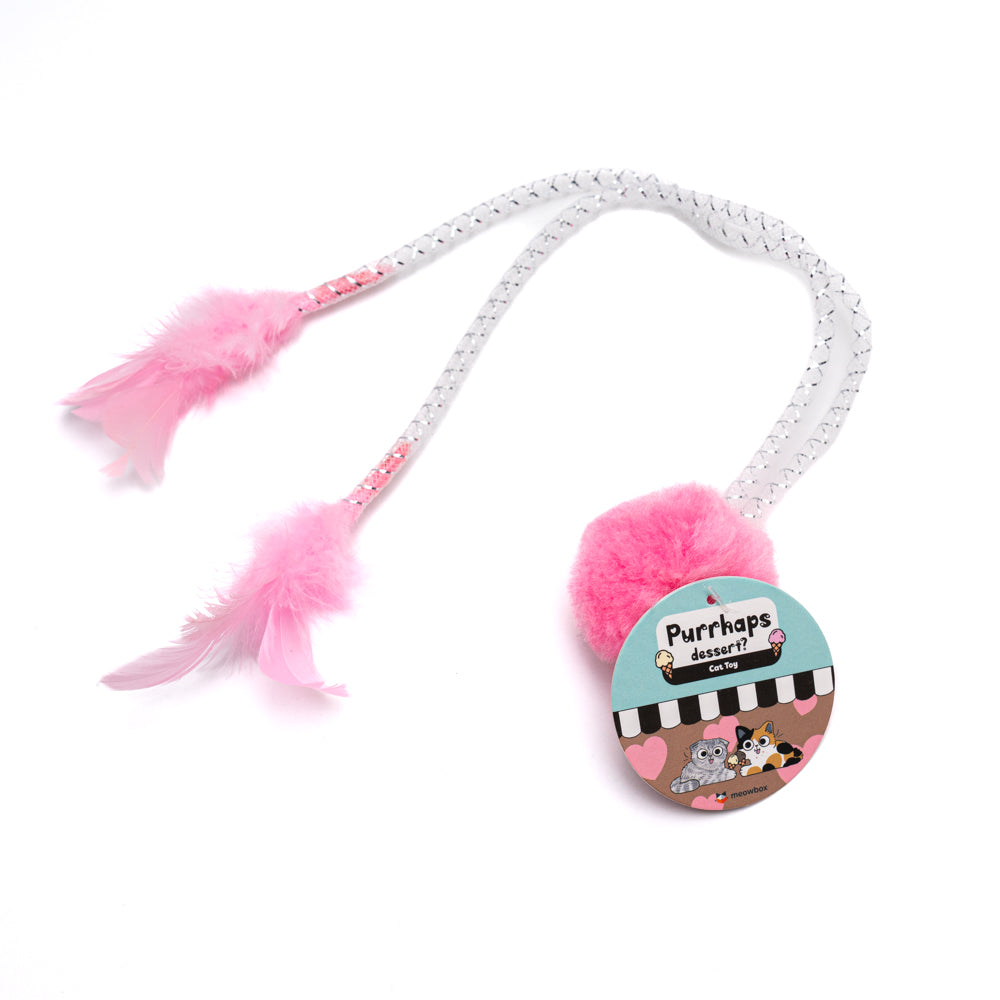 pompom cat toy with two arms and feathers attached 