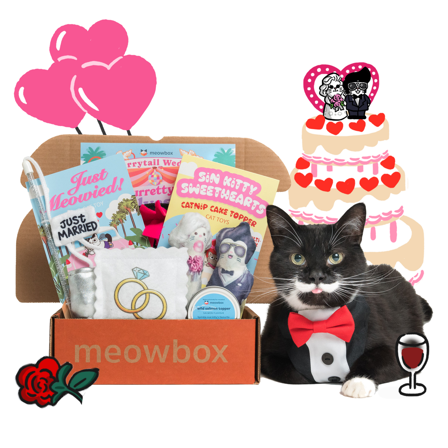 meowbox Furrytail Wedding Box next to a black and white cat wearing a tuxedo